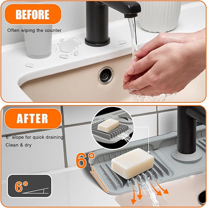 17.7" Gray Button Style Faucet Drip Catcher – Silicone Faucet Mat - Image 3