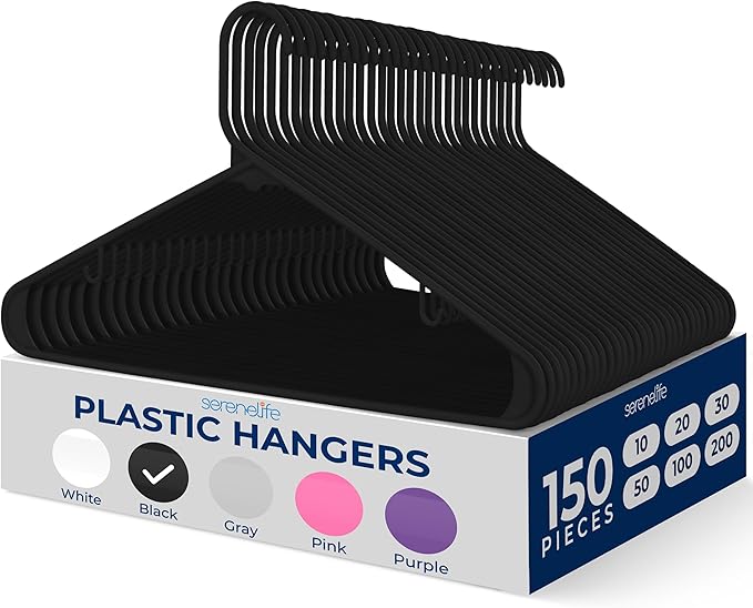 SereneLife 150-Piece Plastic Hangers Black – Heavy Duty Non-Slip Clothes Hanger by SereneLife