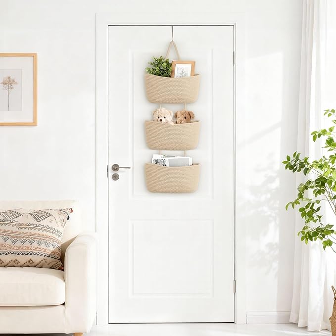 Dahey Over The Door Hanging Basket 3-Tier Woven Boho Wall Mounted Storage - Image 2