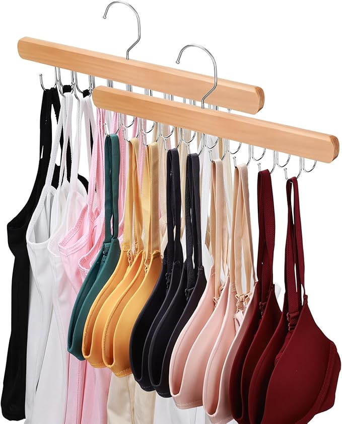 2 Pack Bra Hanger for Closet Organizer, Premium Wooden Tank Top Hangers by NECAMOCU