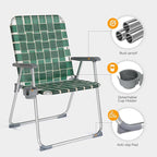 VINGLI Folding Webbed Oversized Lawn Chairs with Detachable Cup Holder, 300 LBS High Beach Chair for Adults Heavy Duty, Portable Aluminum Patio Chair for Yard, Garden, 2 Pack,Dark Green - Image 5
