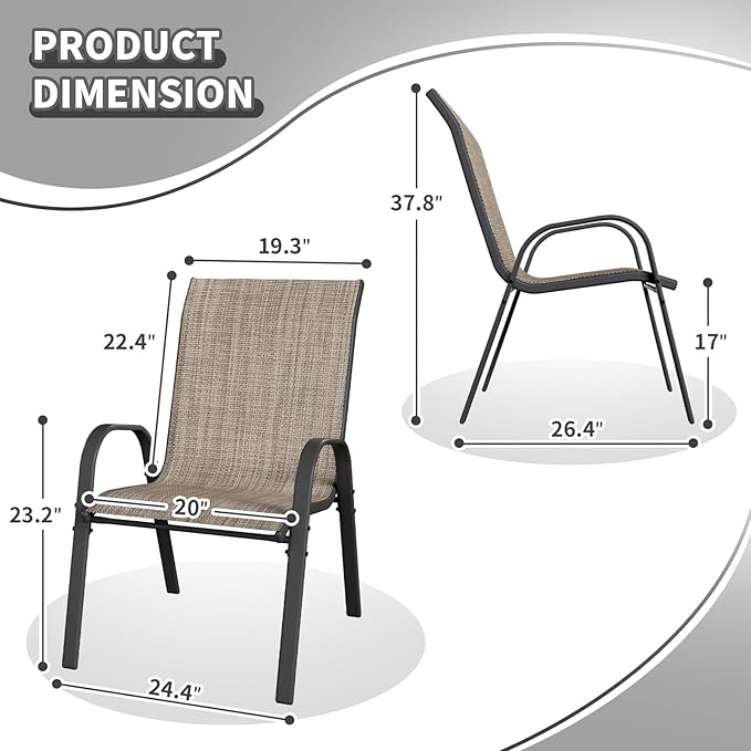 Patio Dining Chairs Set of 2, Outdoor Stackable Dining Chairs High Back, Patio Furniture for Backyard, Porch, Garden, Poolside (Brown) - Image 3