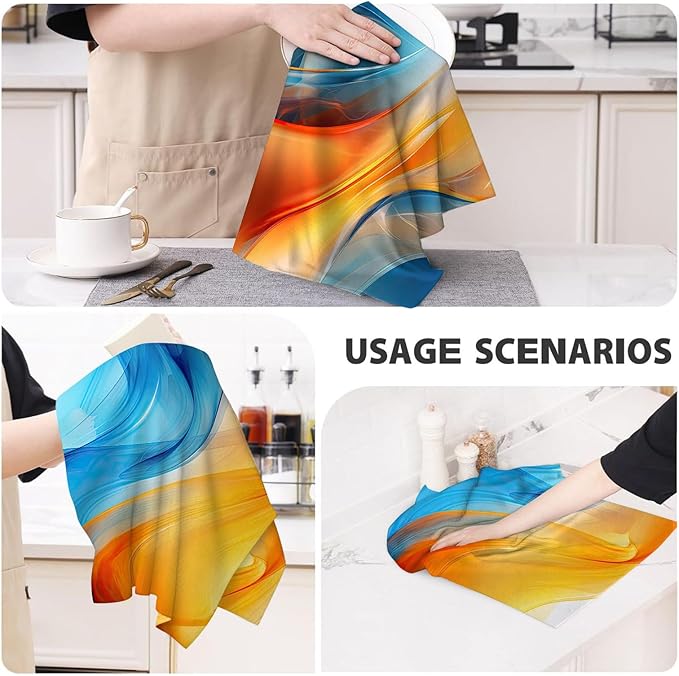 Orange Blue Kitchen Dish Towels Set of 4, Soft Absorbent Marble Decorative Tea - Image 7
