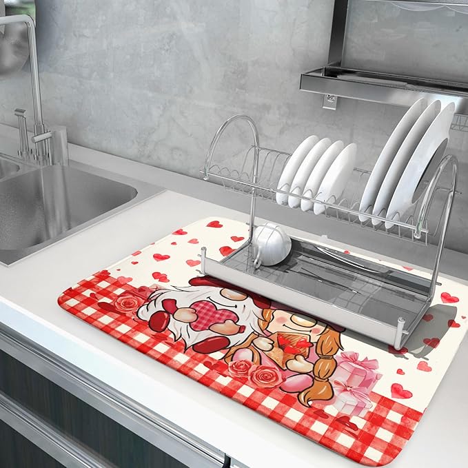 Love Gnome Dish Drying Mat 18"x24" Red Heart Microfiber Dish Drainer Rack Mat - Image 5