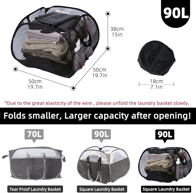 Collapsible Laundry Basket, 90L Foldable Pop-up Laundry Hamper - Image 2