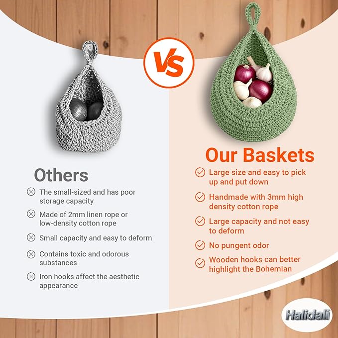 Halidali Hanging Fruit Baskets for Kitchen, 3 Pack Boho Cotton Rope Handwoven - Image 3