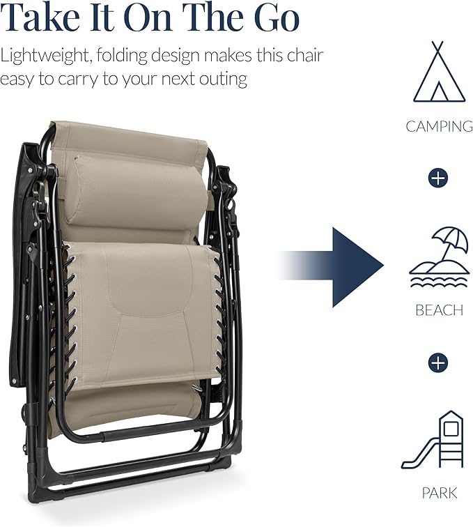 Best Choice Products Oversized Padded Zero Gravity Chair, Folding Outdoor Patio Recliner, XL Anti Gravity Lounger for Backyard w/Headrest, Cup Holder, Side Tray, Polyester Mesh - Dune - Image 5