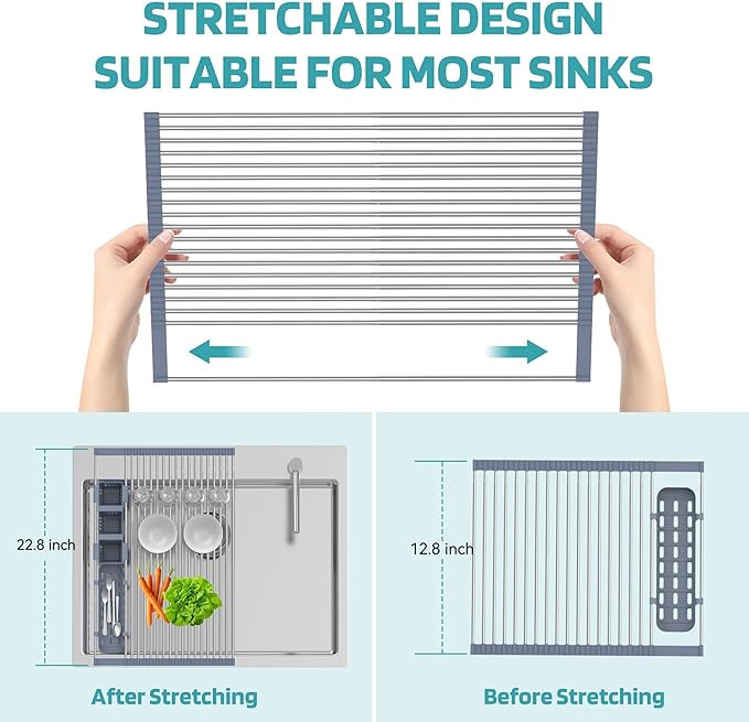 Extra Large Expandable Roll Up Dish Drying Rack Up to 22.8''with 2 Storage - Image 5
