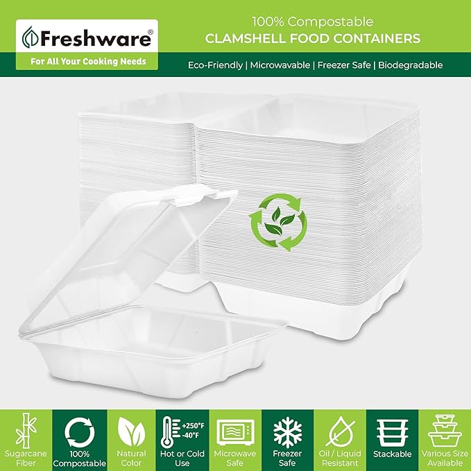 Freshware Compostable 9x9" Clamshell Take Out Food Containers - Image 2