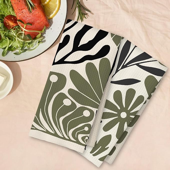 Abstract Green and Black Boho Floral Kitchen Towels Set of 2, 70s Retro Groovy - Image 4