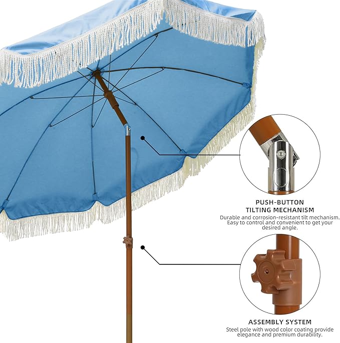 AMMSUN 7ft Patio Umbrella with Fringe Outdoor Tassel Umbrella UPF50+ Premium Steel Pole and Ribs Push Button Tilt, Sky Blue - Image 4