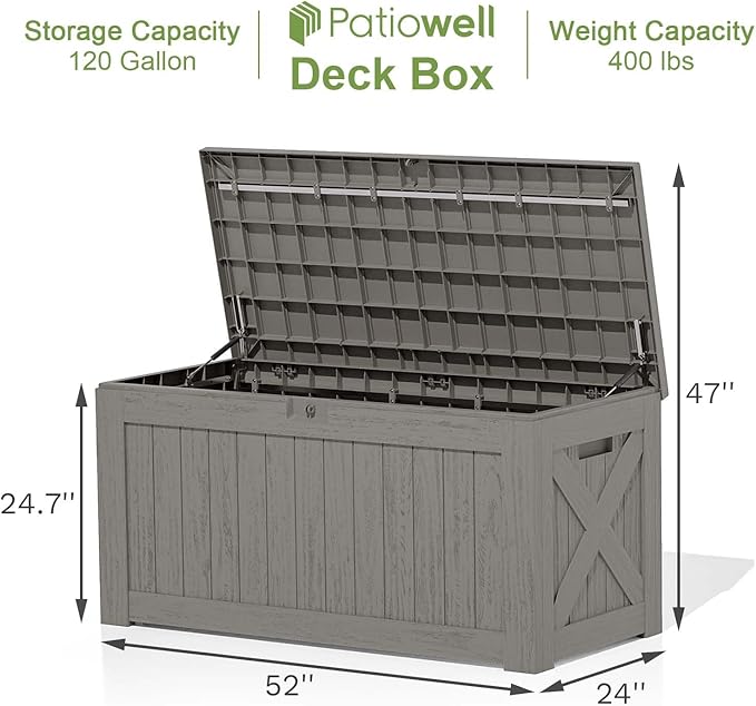 Patiowell 120 Gallon Large Deck Box, Outdoor Lockable Storage Box for Gardening Tools, Waterproof Deck Box for Patio Furniture, Light Brown - Image 4