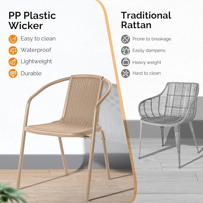 VINGLI PE Rattan Outdoor Dining Chairs Set of 4, Plastic Stackable Patio Chairs for Indoor, Porch, Restaurant, Garden,Champagne - Image 6