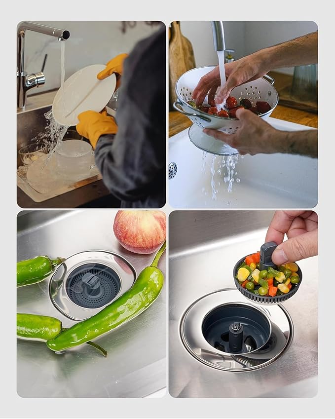 Hibbent 2 Pack 3 in 1 Kitchen Sink Drain Strainer and Stopper Combo, Chrome - Image 8