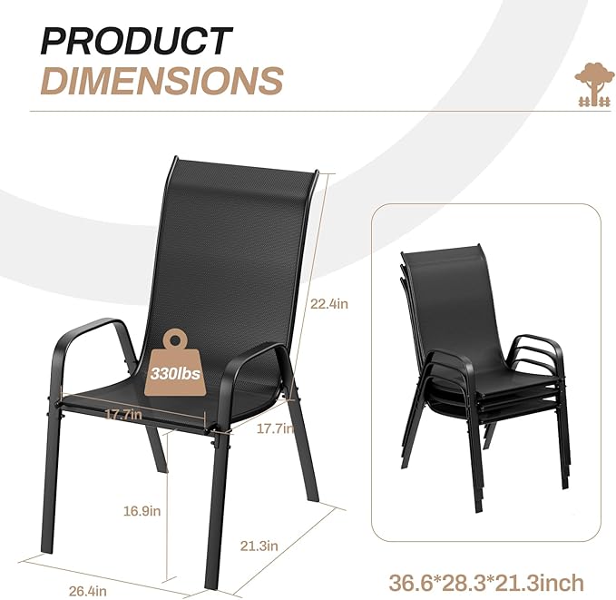 TLSUNNY Patio Chairs, Stackable Textilene Outdoor Dining Furniture for All Weather, with 17.7″ Wide Seat & Metal Frame, for Garden, Backyard, Deck, Restaurant, Poolside (6, Black, 26.4″) - Image 3