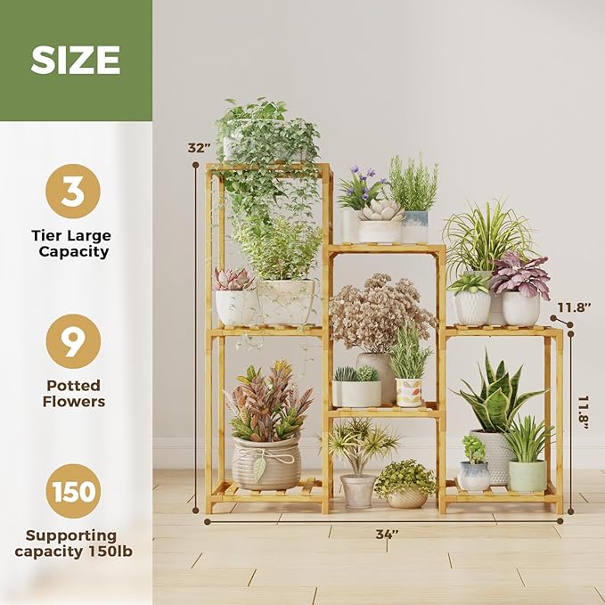 Bamworld Bamboo Plant Stand Indoor Boho Plant Shelf Tiered Plant Rack for Multiple Plants 3 Tiers 7 Pots Ladder Plant Holder Plant Table for Plant Pots Home Decor for Gardening Gifts Nature Color - Image 5