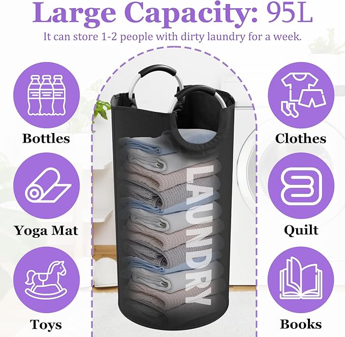 95L Large Laundry Hamper for Adult, Foldable Black Laundry Basket - Image 2
