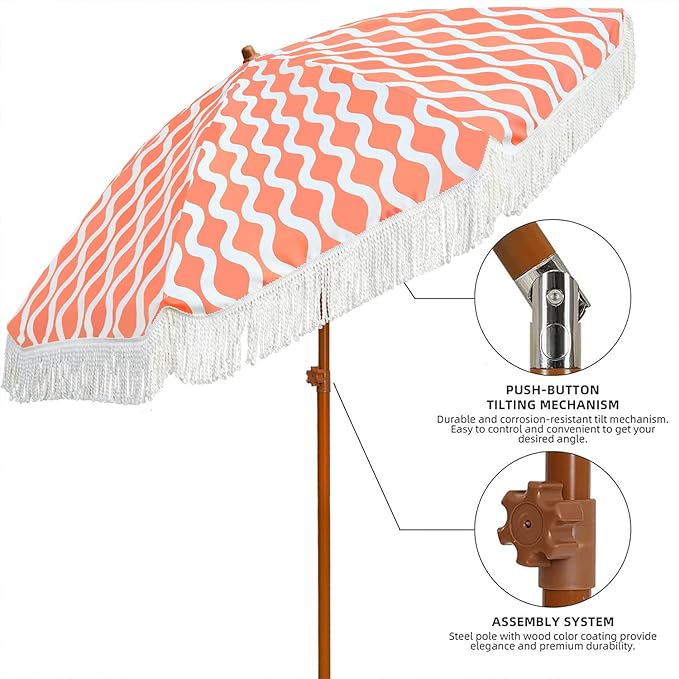 AMMSUN 7ft Patio Umbrella with Fringe Outdoor Tassel Umbrella UPF50+ Premium Steel Pole and Ribs Push Button Tilt, Wave Pink Champagne - Image 2
