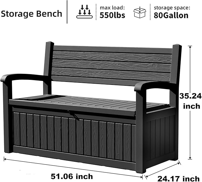 80 Gallon Outdoor Storage Bench Deck Box Waterproof Lockable,Outdoor Storage Furniture for Patio,Garden and Porch,Tools and Cushions（ Black Stripe） - Image 2