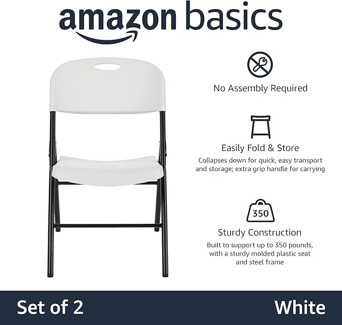 Amazon Basics Portable Folding Plastic Chair with Back Support, Easy to Fold and Store, 350-Pound Capacity, White, 2-Pack - Image 4