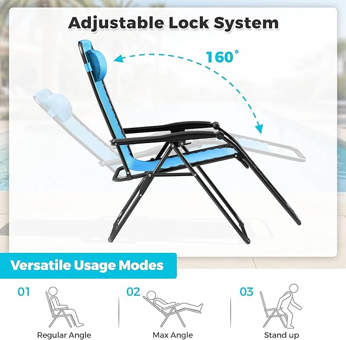 Homall Zero Gravity Chair Patio Folding Lawn Outdoor Lounge Gravity Camp Reclining Lounge Chair with Cup Holder Pillows for Poolside Backyard and Beach Set of 4 (Sky Blue) - Image 5