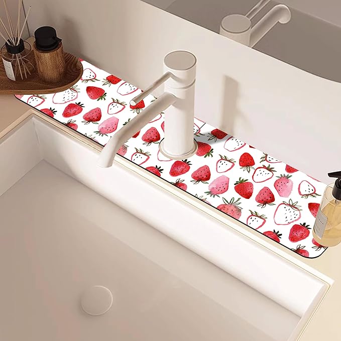 Watercolor Strawberry Kitchen Sink Splash Guard Absorbent Fast Drying Mat - Image 2