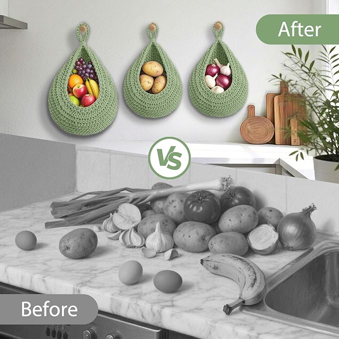 Halidali Hanging Fruit Baskets for Kitchen, 3 Pack Boho Cotton Rope Handwoven - Image 4