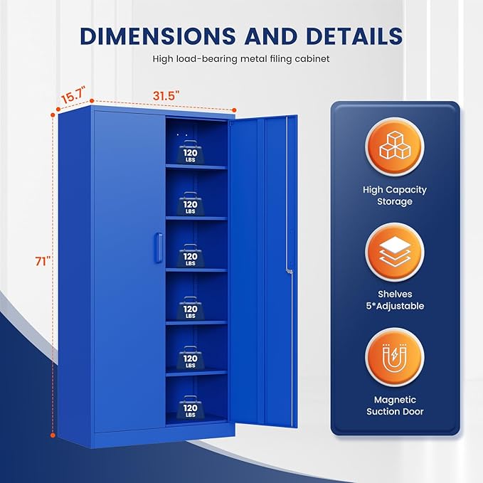 Yizosh Metal Garage Storage Cabinet with 2 Doors and 5 Adjustable Shelves - 71" Steel Lockable File Cabinet,Locking Tool Cabinets for Office,Home,Garage,Gym,School (Blue) - Image 3