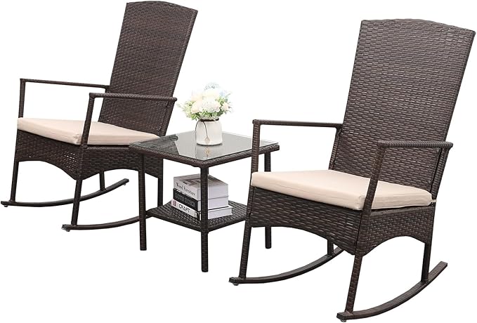 Outdoor Rocking Chair 3 Pieces High-Backed Rocking Chair Patio Rocking Chairs Outdoor Table, Khaki - Image 4