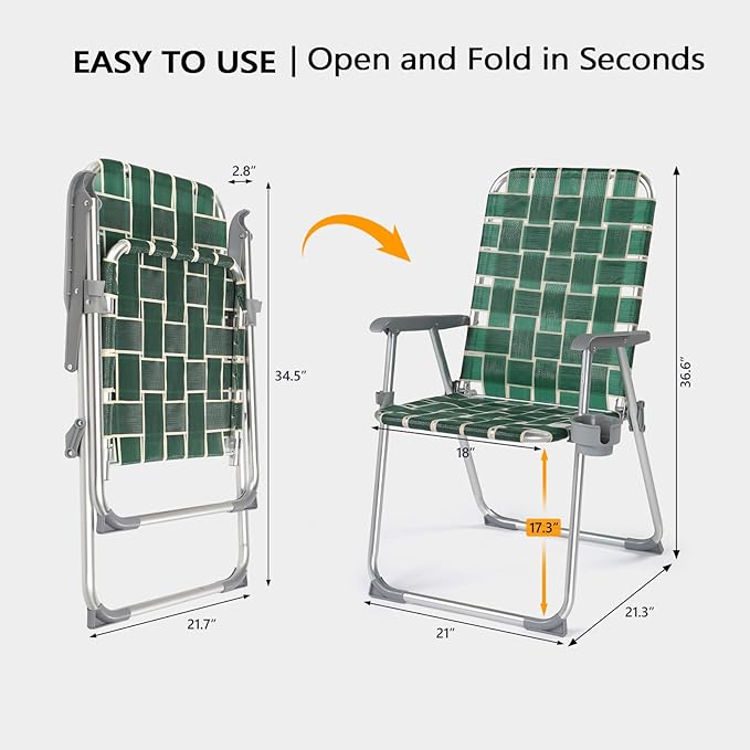 VINGLI Folding Aluminum Webbed Lawn Chairs with Detachable Cup Holder, High Beach Chair for Adults Heavy Duty, Portable Patio Chair, Camping Chair for Yard, Garden, 2 Pack - Image 7