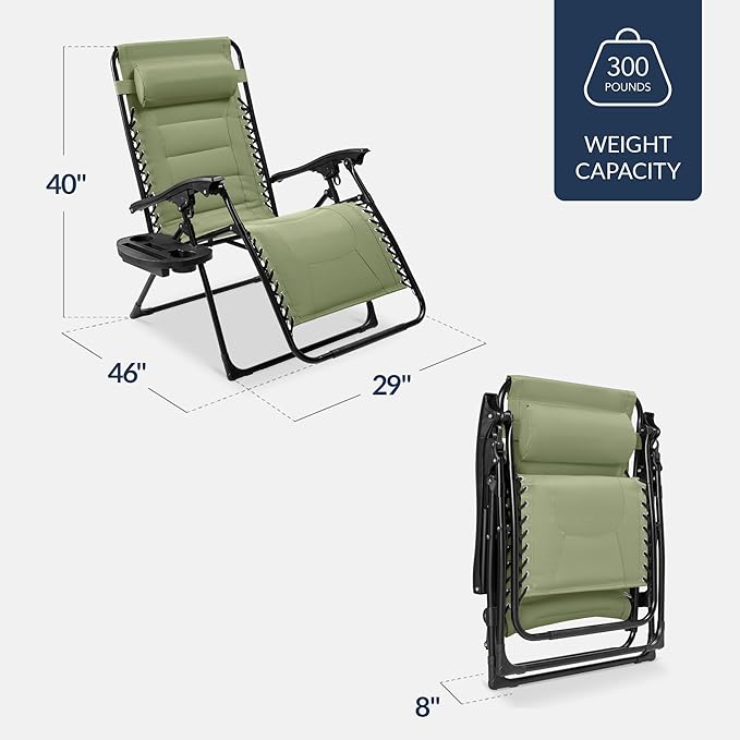 Best Choice Products Oversized Padded Zero Gravity Chair, Folding Outdoor Patio Recliner, XL Anti Gravity Lounger for Backyard w/Headrest, Cup Holder, Side Tray, Polyester Mesh - Sage Green - Image 2