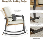 3 Piece Patio Rocking Chairs Set of 2, Outdoor Rocking Chair Bistro Set with Tempered Glass Coffee Table and Thick Lumbar Pillow Set, Front Porch Chairs for Garden, Backyard, Poolside (Beige) - Image 4