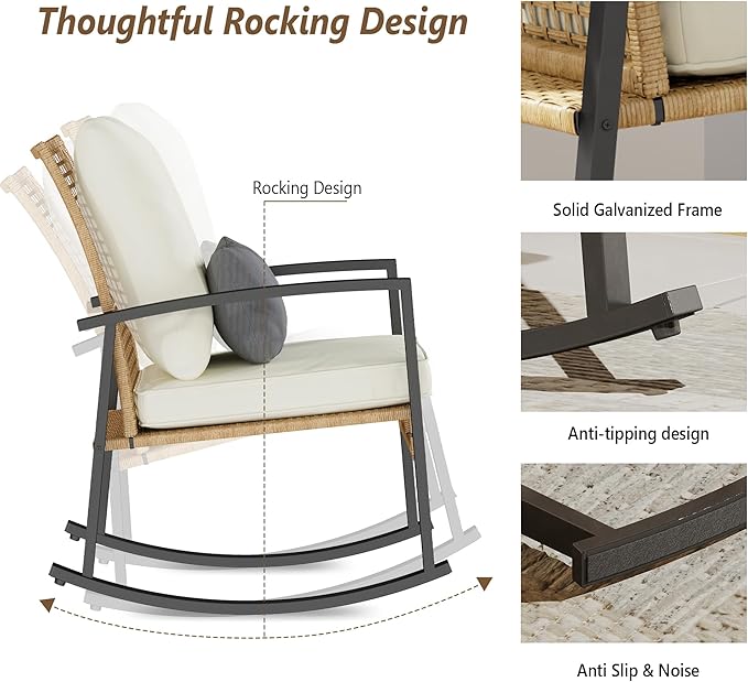 3 Piece Patio Rocking Chairs Set of 2, Outdoor Rocking Chair Bistro Set with Tempered Glass Coffee Table and Thick Lumbar Pillow Set, Front Porch Chairs for Garden, Backyard, Poolside (Beige) - Image 4