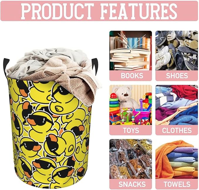 Cute Rubber Ducks With Funny Sunglasses Laundry Hamper Bag With Waterproof Liner - Image 8
