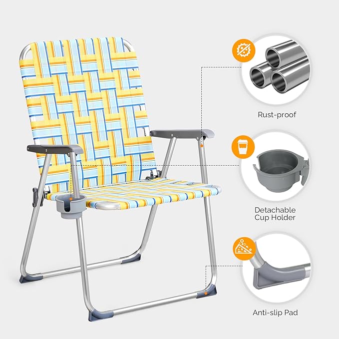 VINGLI Aluminum Oversize Patio Lawn Chairs Folding Set of 2 with Detachable Cup Holder, Webbed Beach Chair Folding Chair Outdoor Portable Camping Chair for Yard, Garden - Image 4