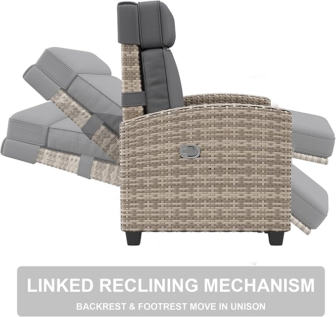 Towallmark Adjustable Rattan Recliner Chair, Patio Lounge Chairs with Cushion, Outdoor Porch Chaise with Flip Up Side Table & Footrest for Porch, Outside Balcony, Deck - Image 7