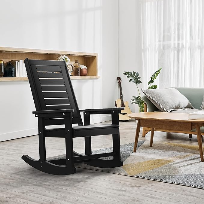 GREENVINES Outdoor Rocking Chairs | Set of 4 | Porch Rocker | HDPE Plastic | Black | Oversized Rockers | High Back | Big & Tall | Ladder Back | for Patio Outside Backyard Balcony Garden - Image 2