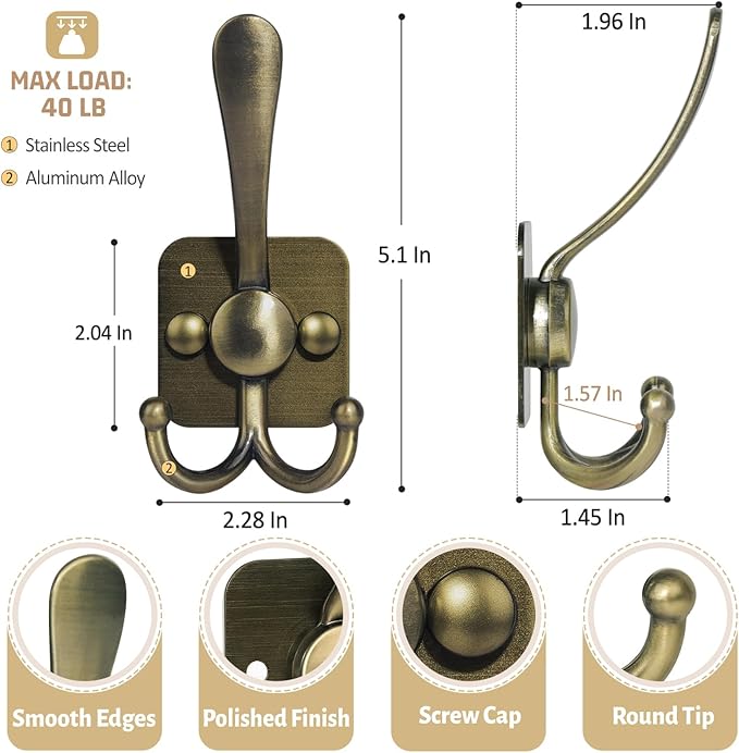 VIS'V Coat Hooks Wall Mount, Metal Self Adhesive 3 Prong Coat Hanger Hooks - Image 3
