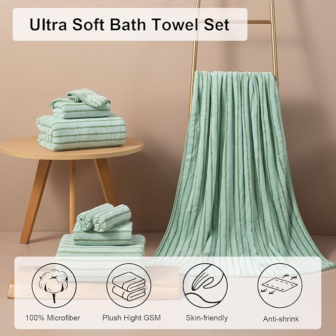 Oliven 4 Piece Green Cabana Stripe Large Bath Towels Oversized Bath Sheet Super - Image 2