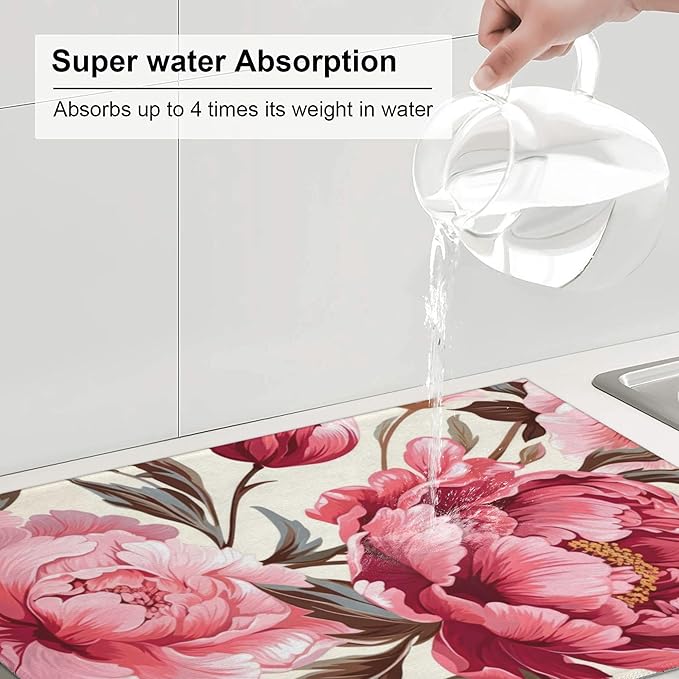 Pink Peony Dish Drying Mats for Kitchen Counter, Absorbent Reversible - Image 5