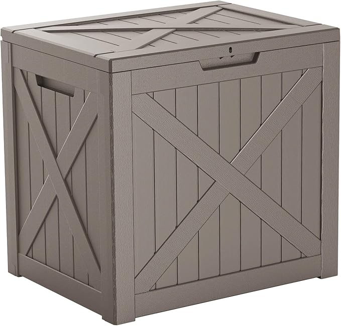 ROJIK 32 Gallon Outdoor Storage Housing Deck Box,Waterproof Patio Furniture, Garden Tools, Cushions, Pool Accessories Storage Bench with Lockable Lid and Side Handles(Grey) - Image 7