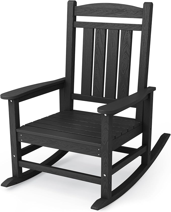 KINGYES HDPE Outdoor Rocking Chair, Widened Seat Patio Rocking Chair, Oversized All Weather Patio Rocker, Black by KINGYES