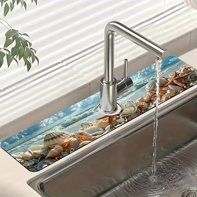 Beach Sink Splash Guard Shells Starfish Waves Faucet Absorbing Mat Fast Drying by Unknown