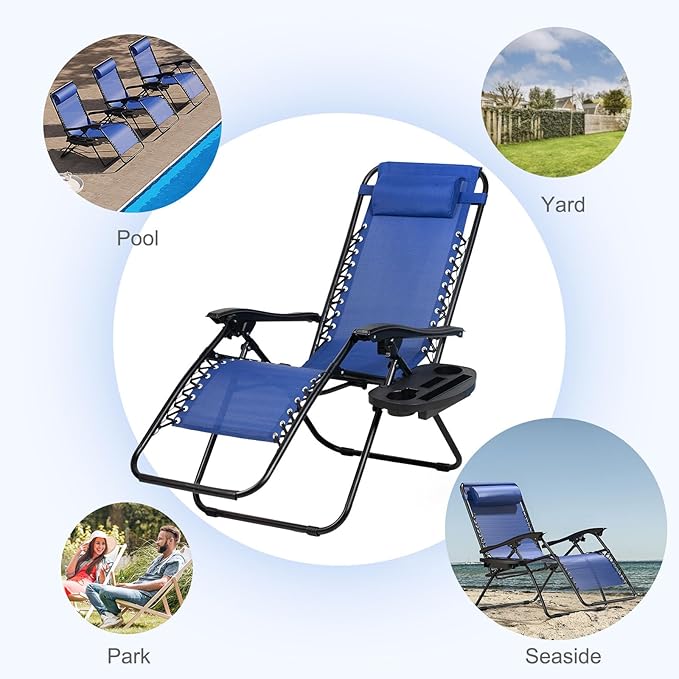 Nazhura Set of 2 Relaxing Recliners Patio Chairs Adjustable Steel Mesh Zero Gravity Lounge Chair Beach Chairs with Pillow and Cup Holder (Blue) - Image 7