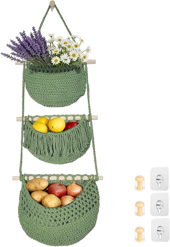 3 Tier Hanging Fruit Baskets for Kitchen, Boho Cotton Rope Handwoven Vegetable by Unknown