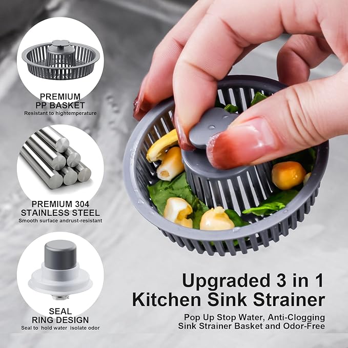 3 in 1 Kitchen Sink Drain Strainer and Stopper, 304 Stainless Steel Pop-up - Image 2