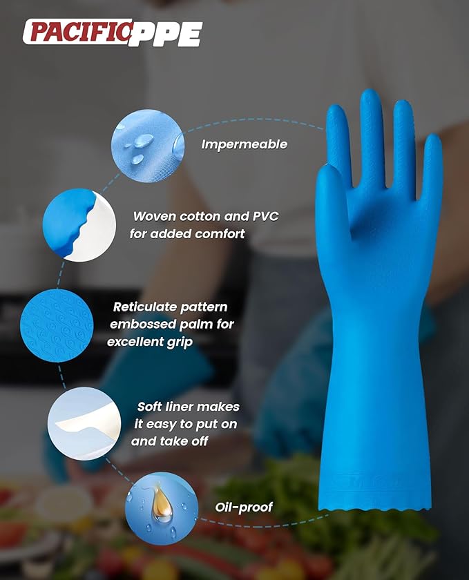 PACIFIC PPE 2 Pairs Reusable Dishwashing Cleaning Gloves, Cotton Liner - Image 3
