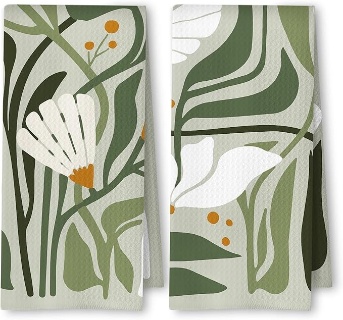 Abstract Boho Sage Green Floral Kitchen Towels Set of 2, 70s Retro Groovy Boho by Unknown
