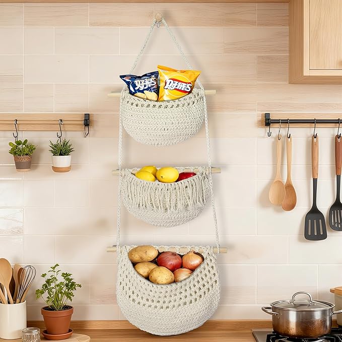 3 Tier Hanging Fruit Baskets for Kitchen, Boho Cotton Rope Handwoven Vegetable - Image 4