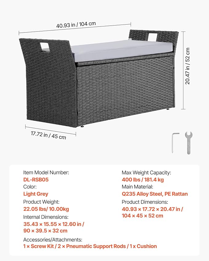 VEVOR Outdoor Storage Bench, 2-Person PE Rattan Storage Bench, 40 Gal Deck Box with Cushion & Side Handle, Supports up to 400 lbs, Weatherproof Outdoor Seating & Porch Decor for Patio Garden Balcony - Image 3